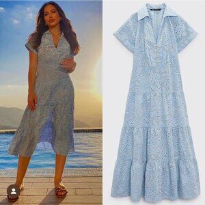 ZARA EMBROIDERED EYELET SHIRT DRESS CUTWORK EMBROIDERY BLUE WHITE XS M 7946/528